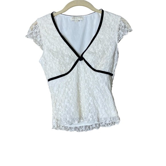 Thirty Thirty Tops - 90s Y2K White Lace Coquette Top Small V-Neck Black Piping Sheer Fairycore Blouse